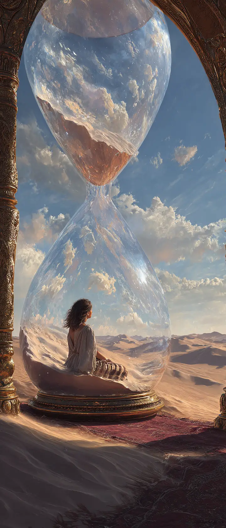 Young woman in an hourglass in the desert sun