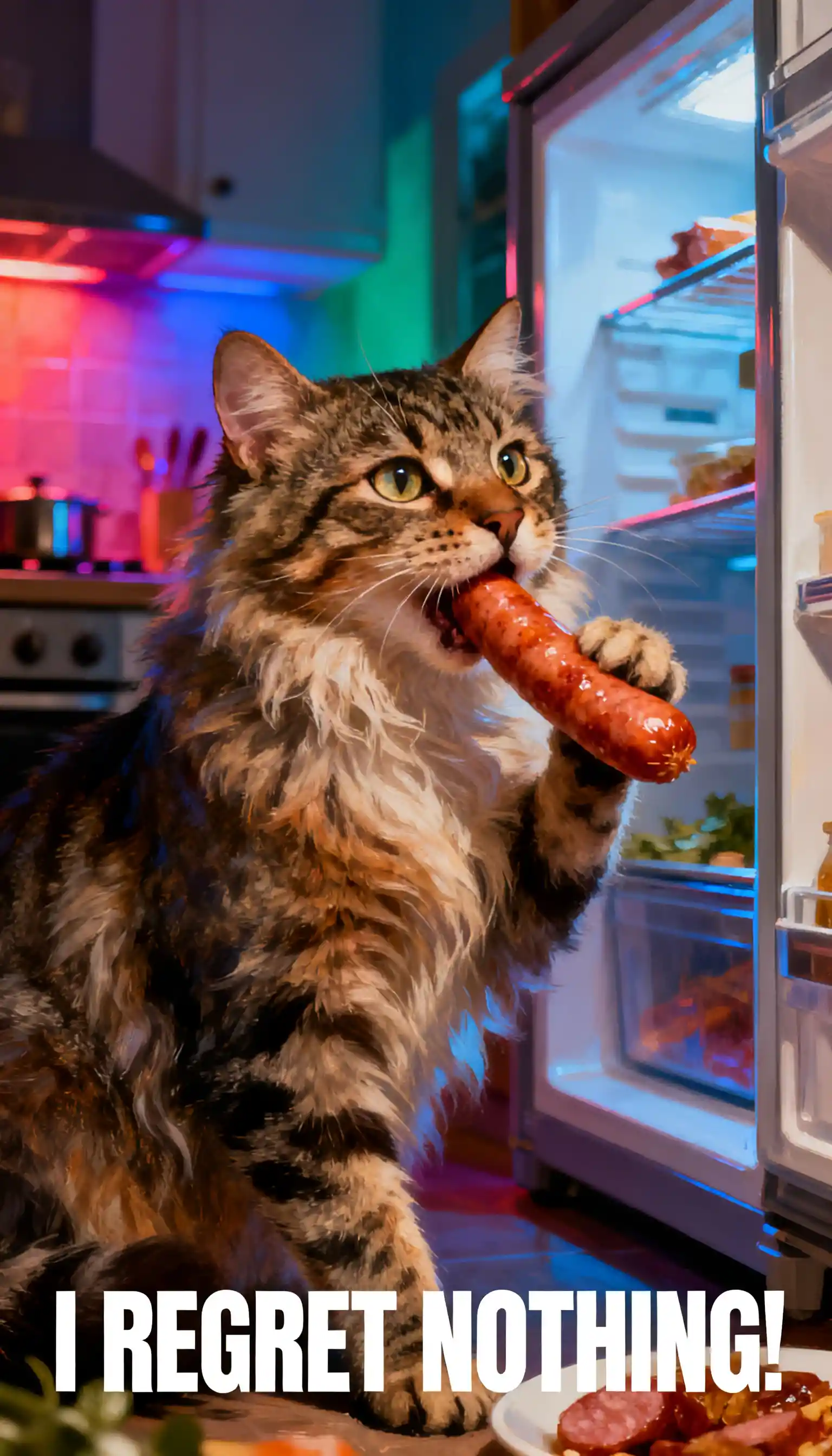Flauschige getigerte Katze stiehlt eine Wurst in einer hellen Küche