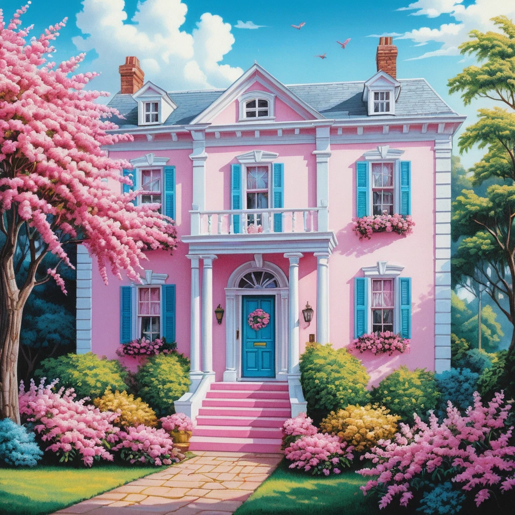 White vintage house with pink flowers in summer light