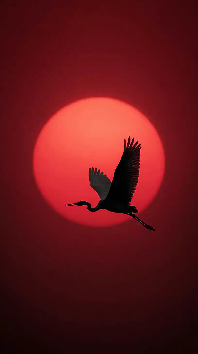Silueta de garza volando ante un sol poniente carmesí
