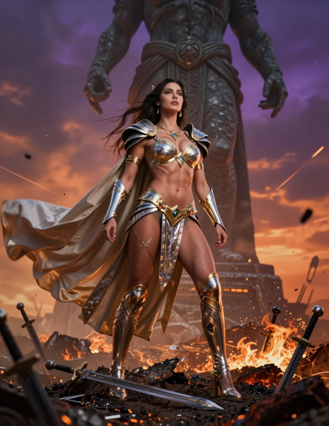 Regina guerriera in armatura celestiale su un campo di battaglia in fiamme