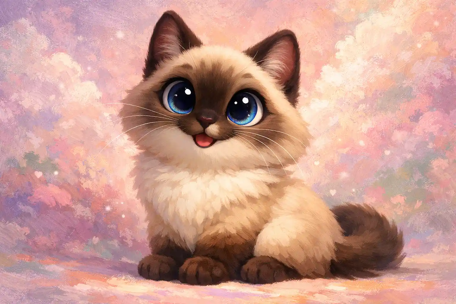 Cute siamese cartoon cat with big sparkling eyes