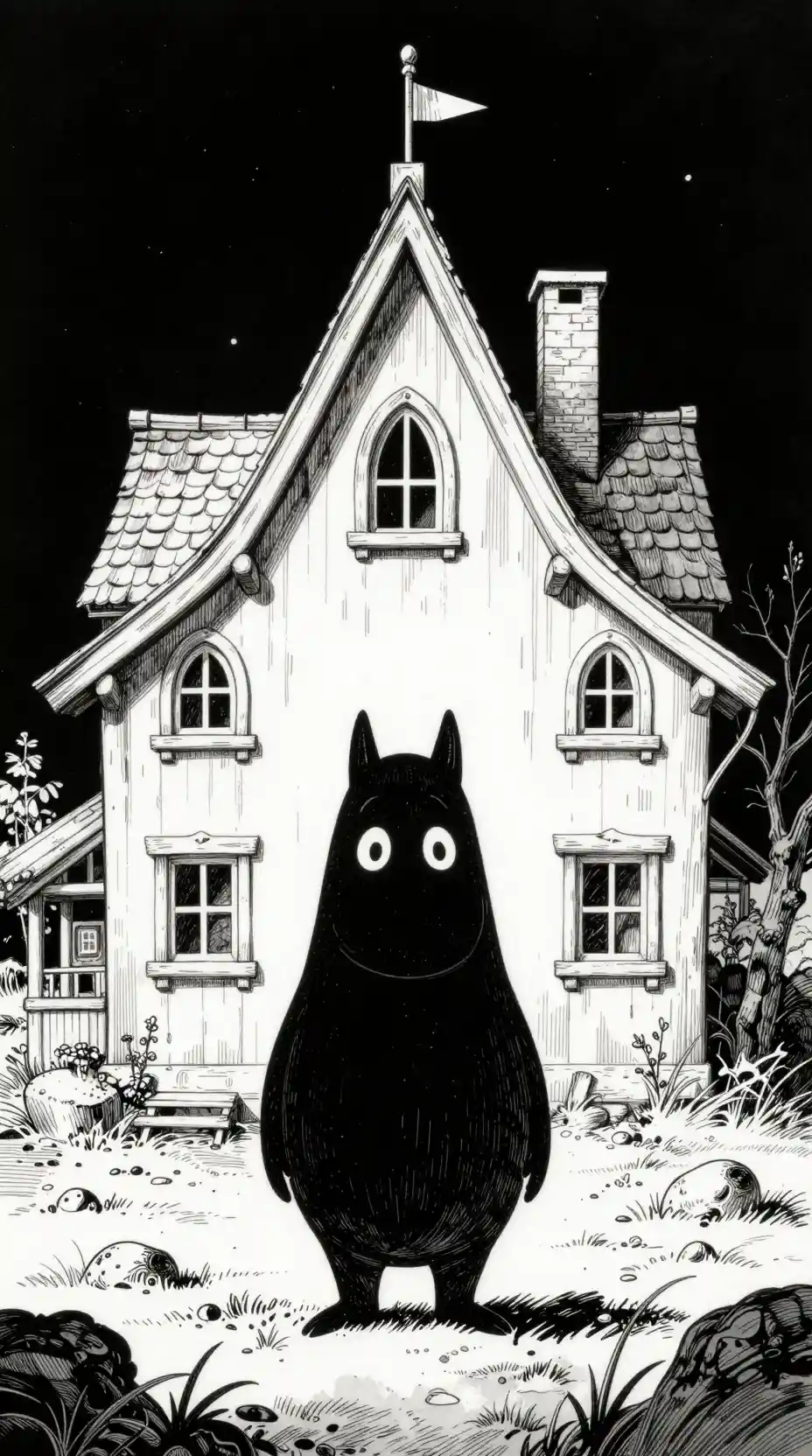Dark fantasy creature before a tall whimsical house