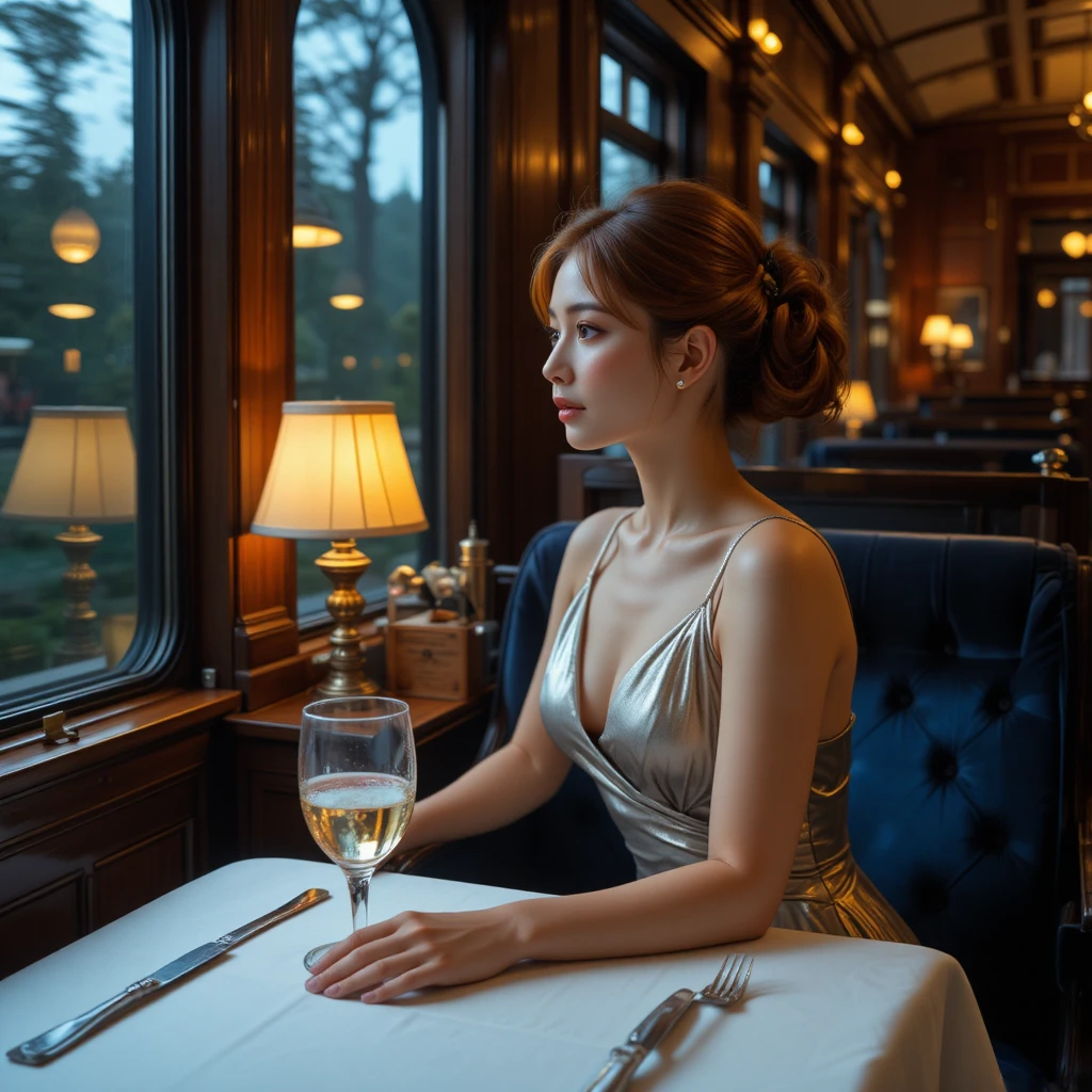 Donna coreana in abito argento su un treno notturno