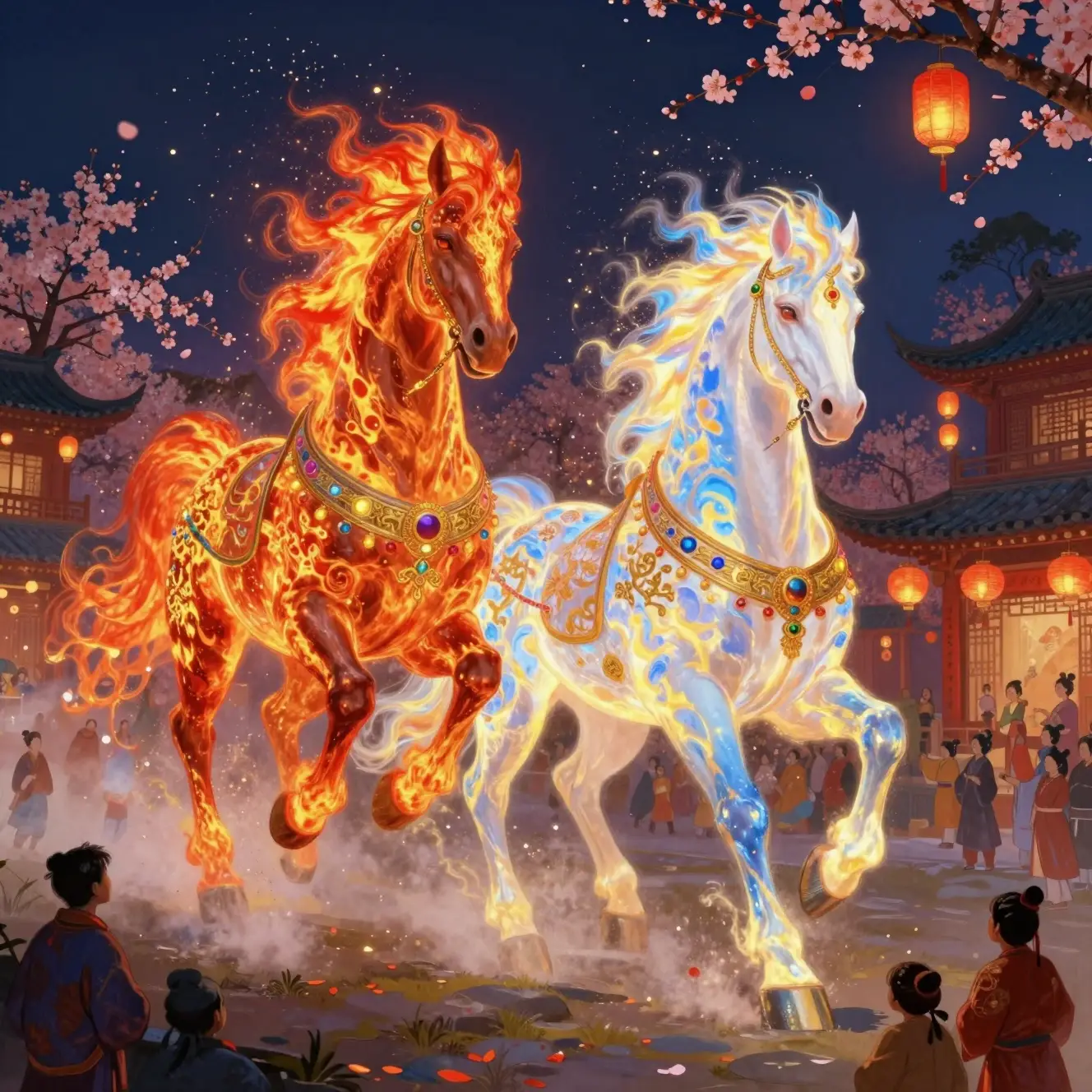 Divine flaming horses galloping through a festive village