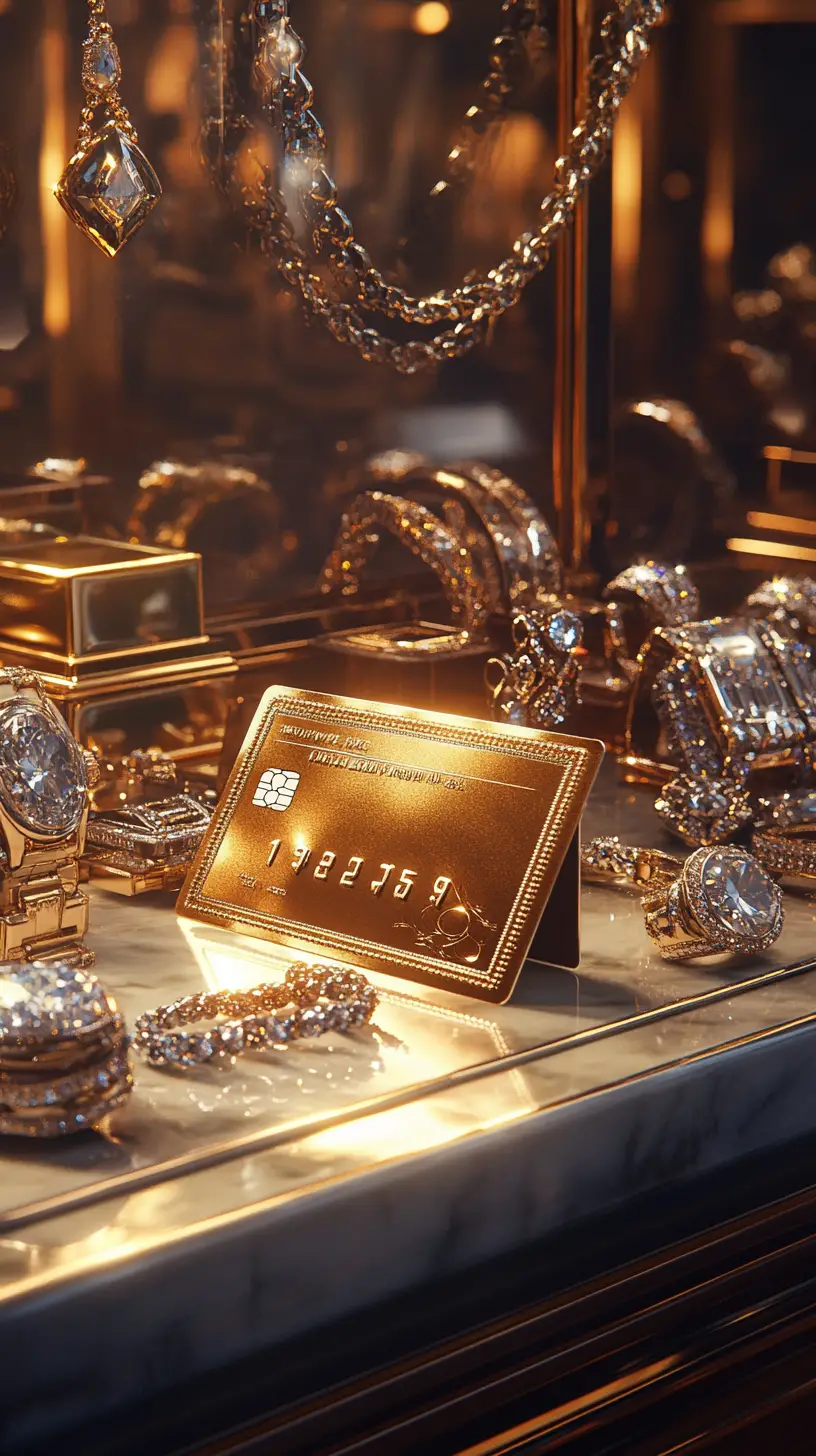 Golden credit card on marble counter in jewelry store