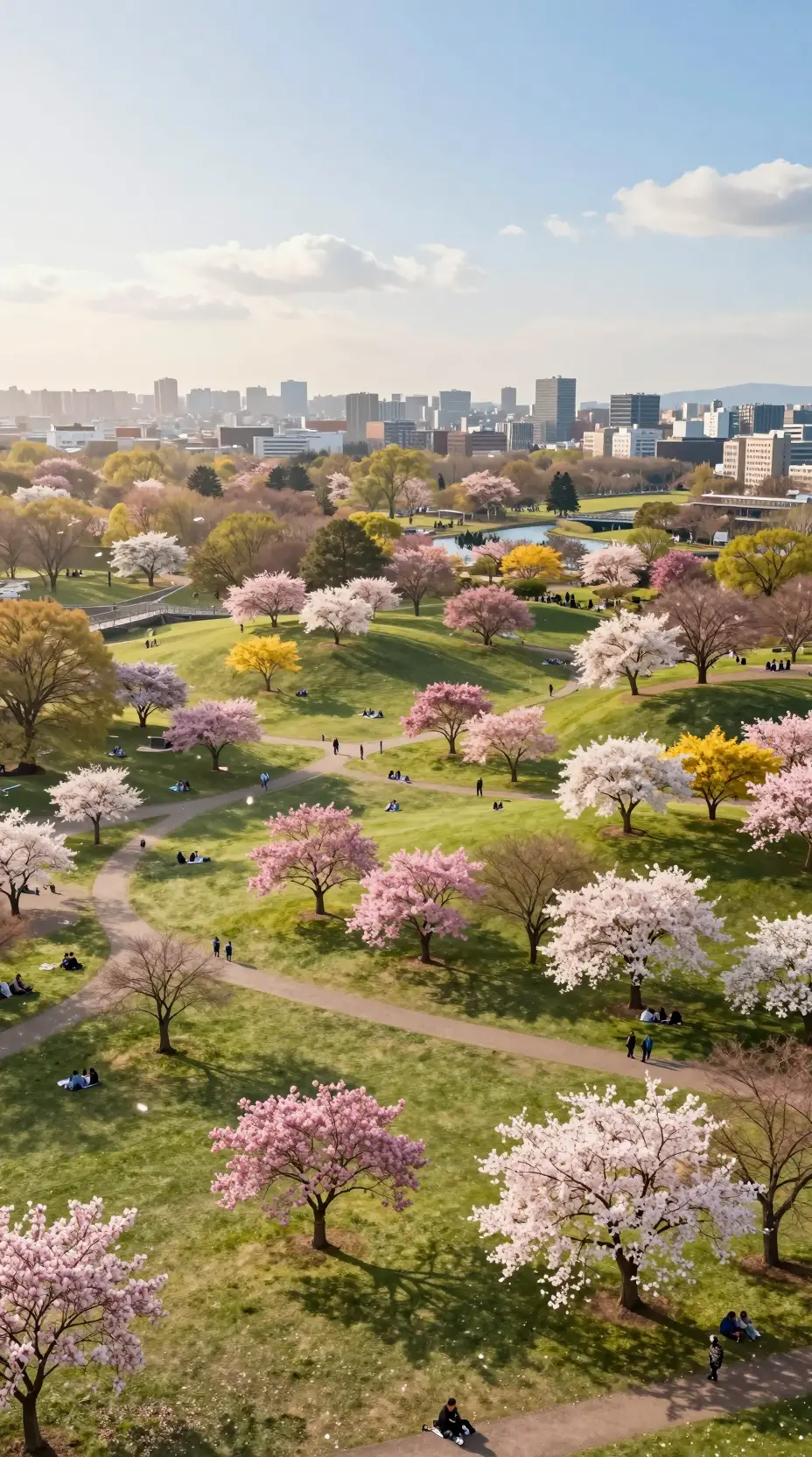 Sunlit panoramic view of a blooming spring city park