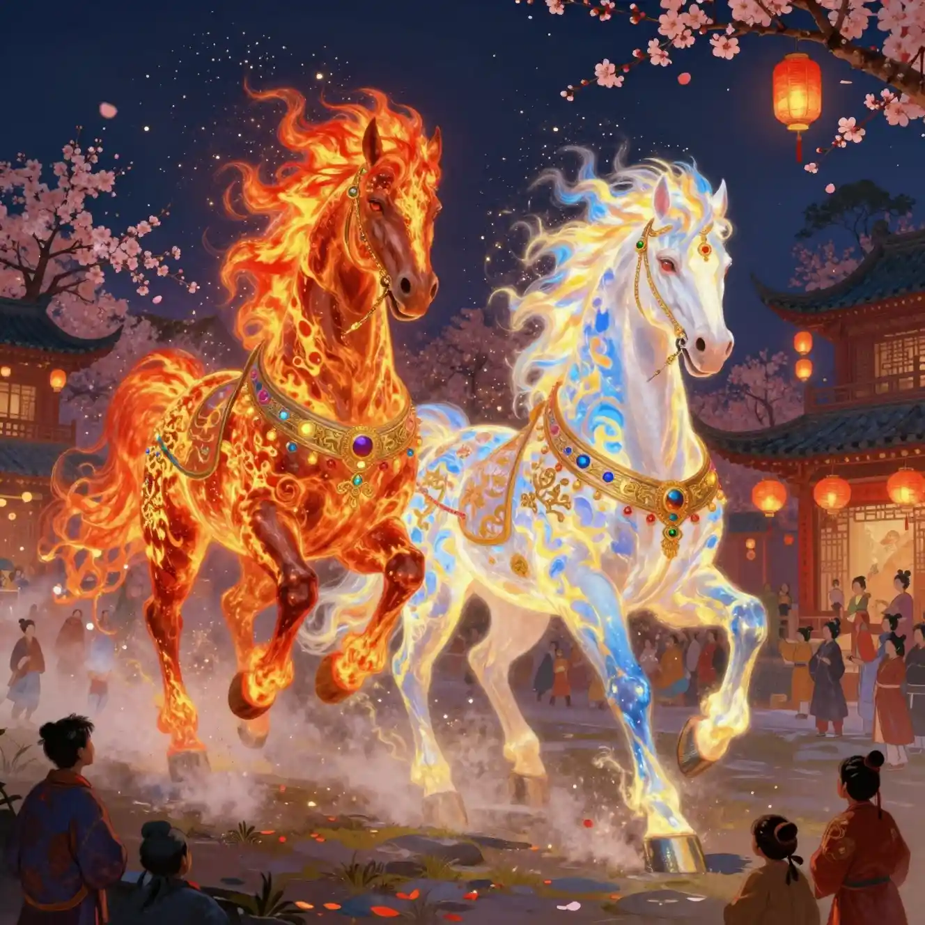 Divine flaming horses galloping through a festive village
