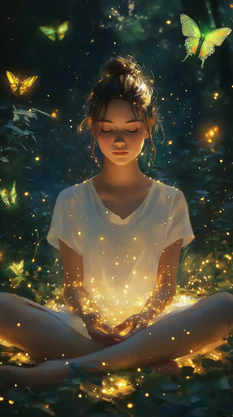Young woman meditating in glowing fantasy garden
