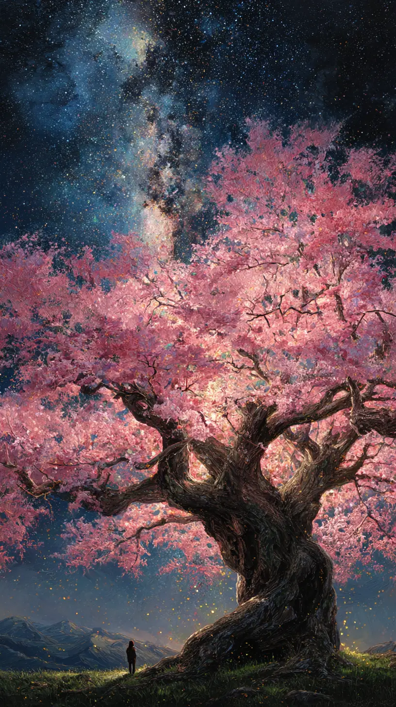 Ancient Blossom Tree Rising Toward A Star Filled Sky