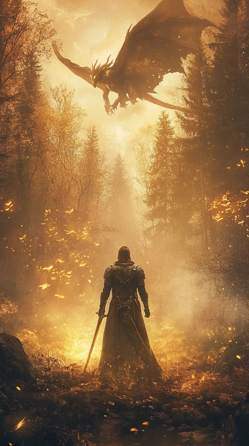 Fantasy warrior evolving in a misty forest with dragon