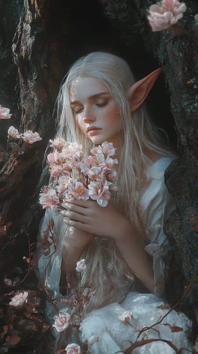 Elf Woman With Glowing Flowers In An Enchanted Tree Hollow
