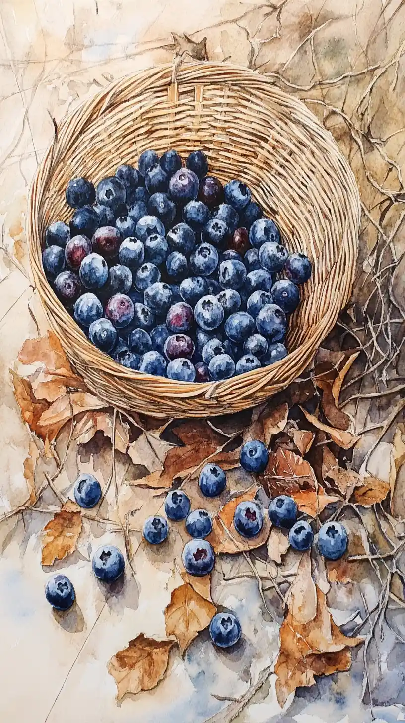 Watercolor still life of blueberries in a wicker basket