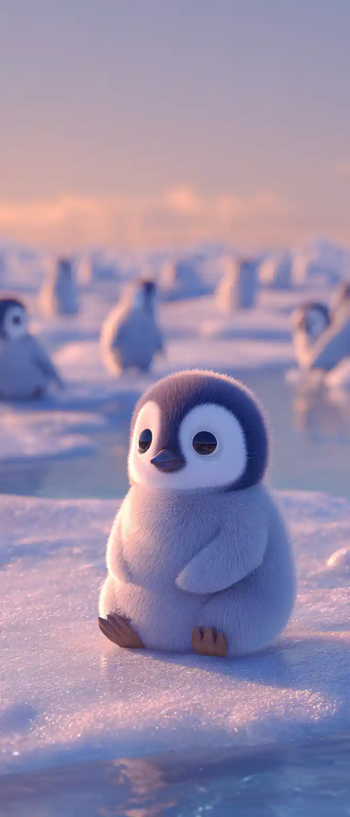 Sad anime penguin chick alone on drifting ice floe
