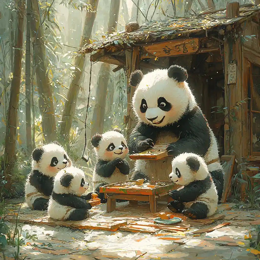Playful Baby Pandas In A Forest Kindergarten Illustration