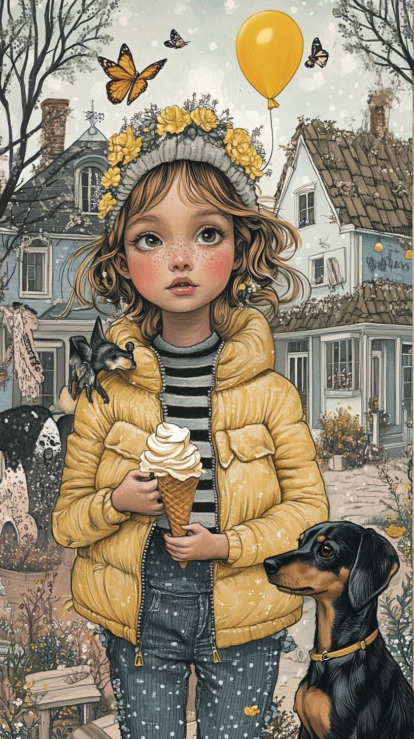 Girl with yellow jacket and dachshund in storybook town