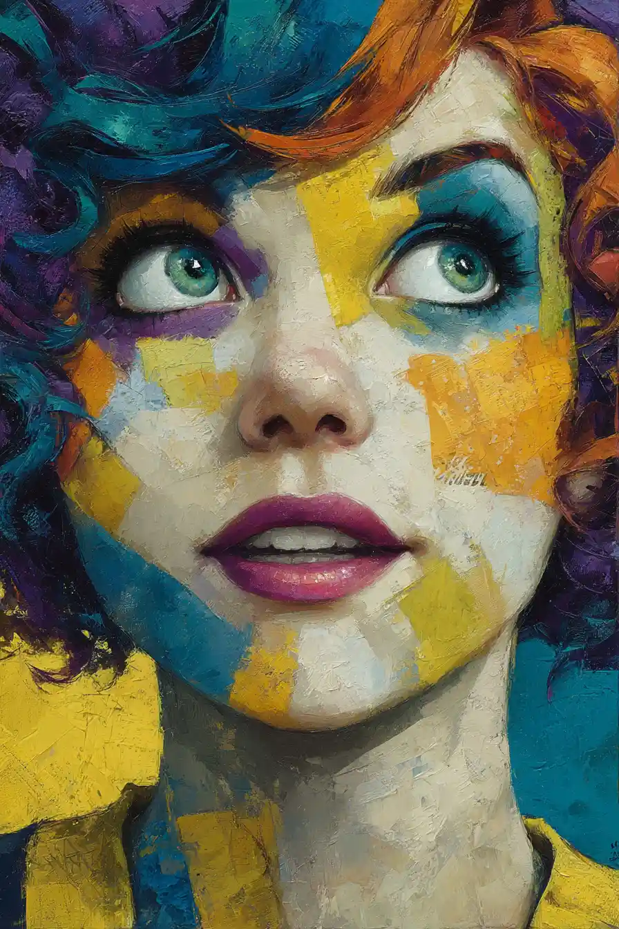 Surreal portrait of a happy woman in vibrant paint splashes