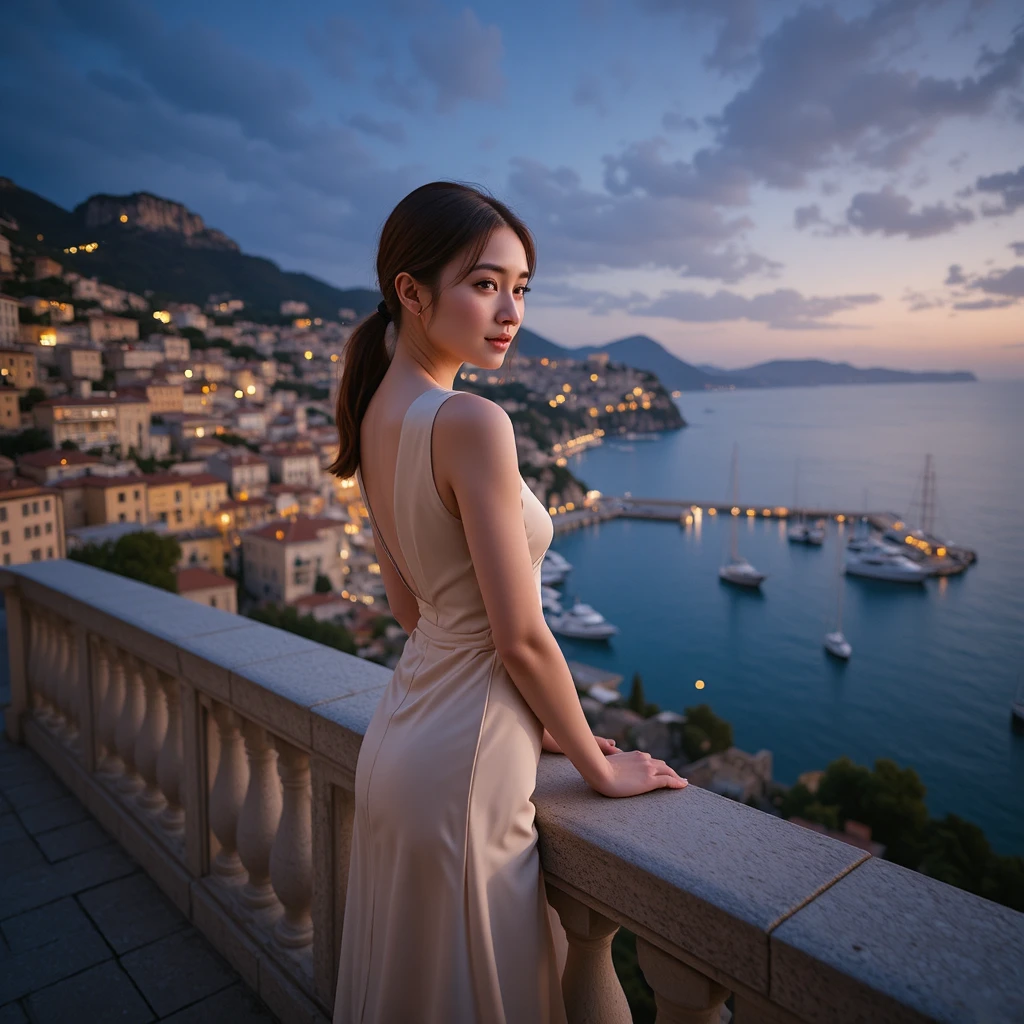 Koreanische Frau in skulpturalem Pastellkleid über der Riviera