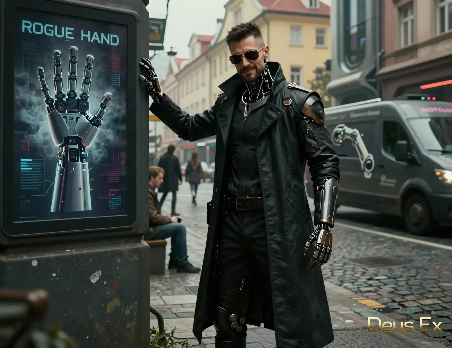 Detective potenziato in una strada futuristica di Praga