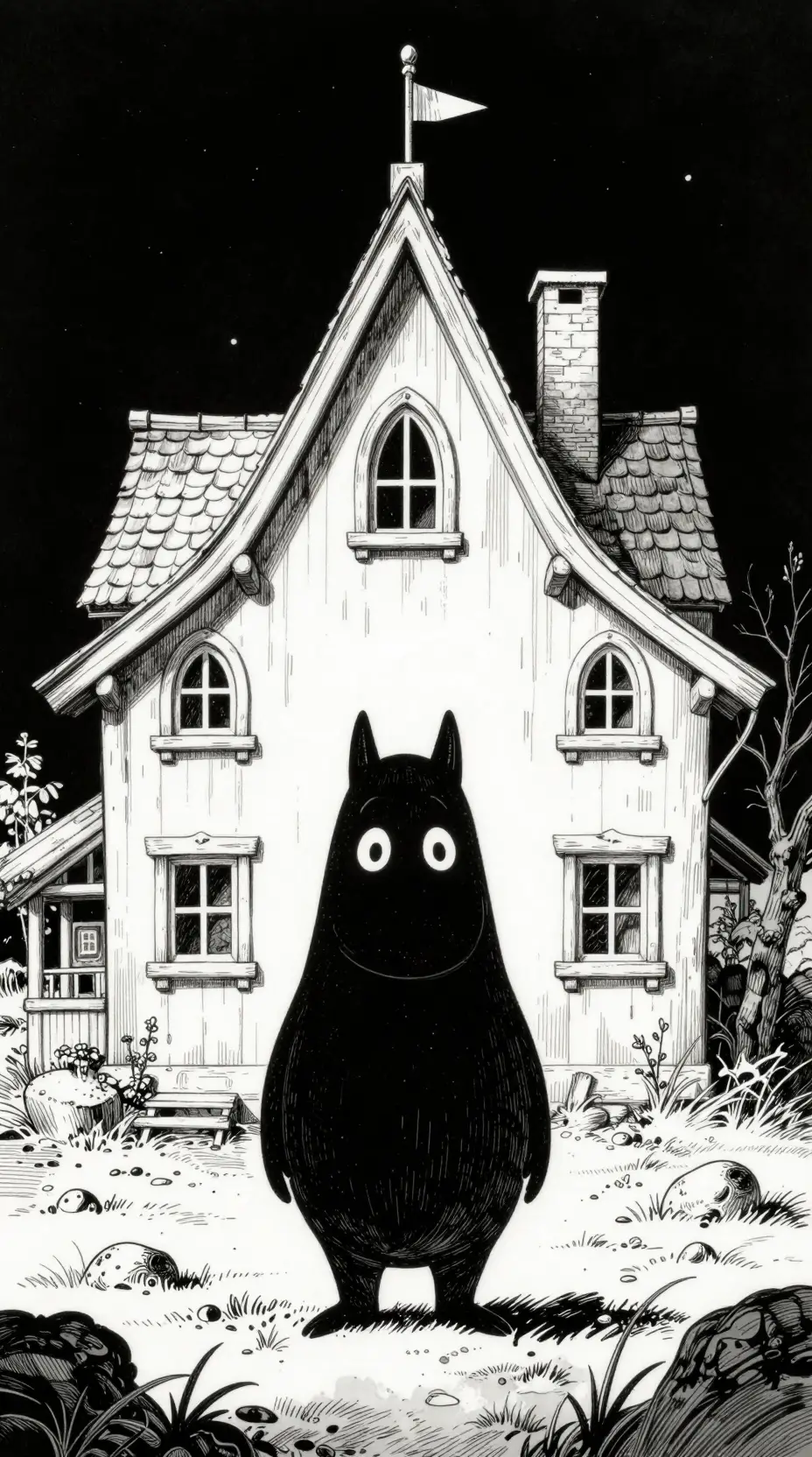 Dark fantasy creature before a tall whimsical house