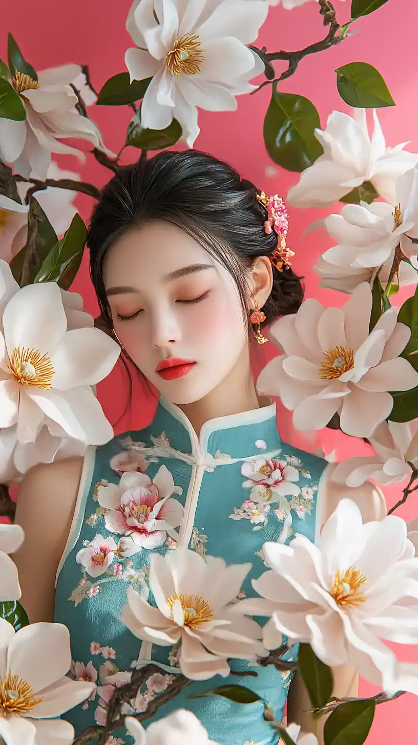 Garota asiática serena em qipao verde-azulado com flores de magnólia