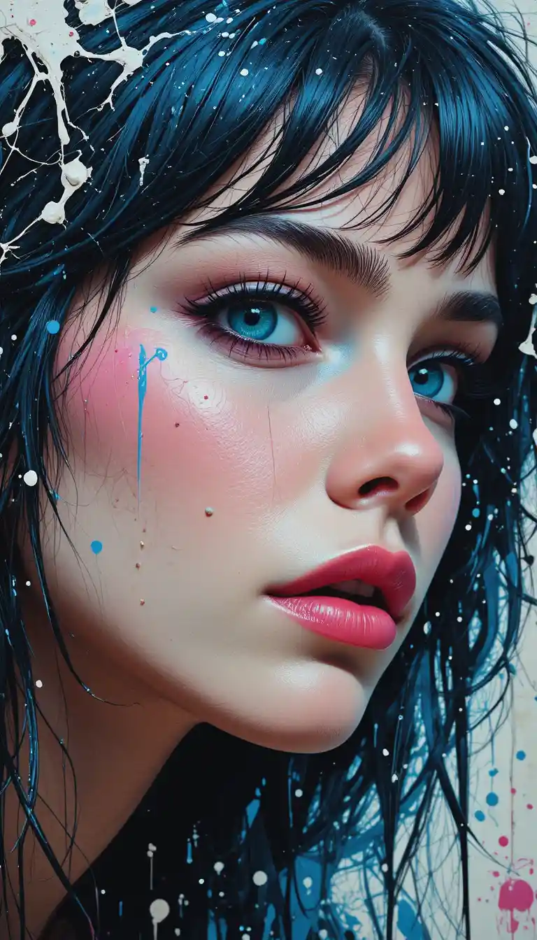 Retrato expressivo em close-up de uma mulher com olhos azuis