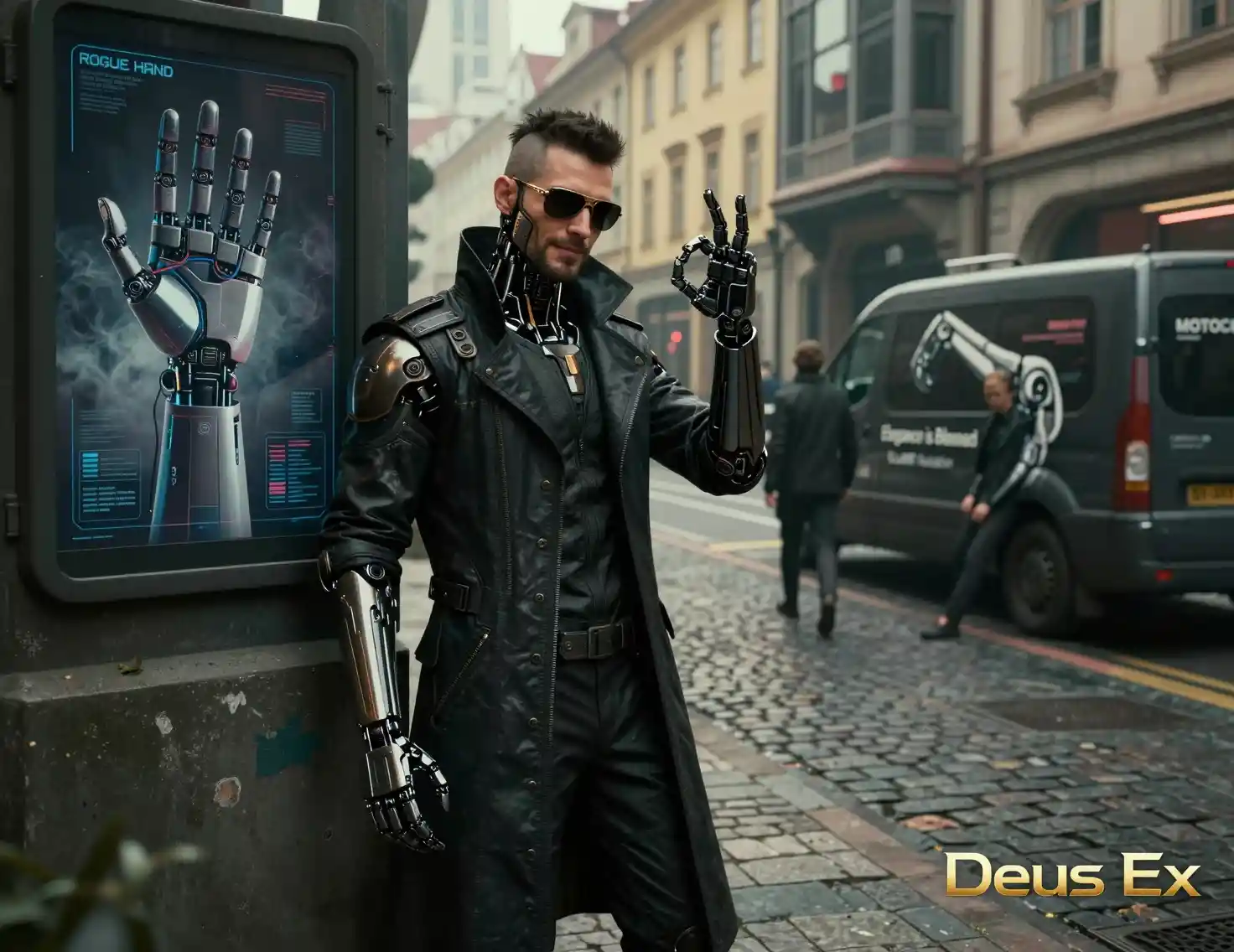 Augmented detective on a futuristic Prague city street