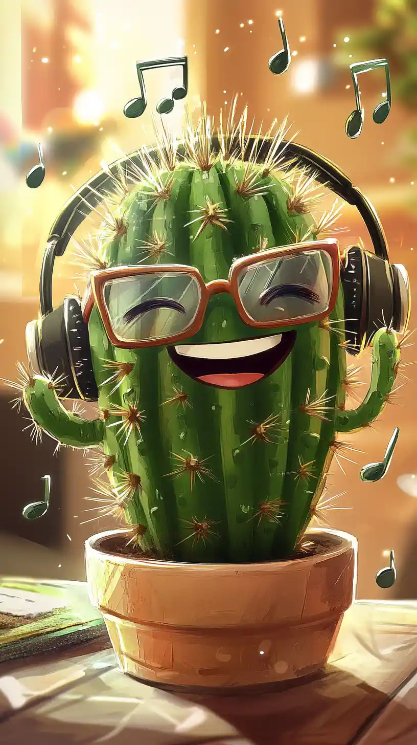 Dolce cactus con cuffie e occhiali che si gode la musica