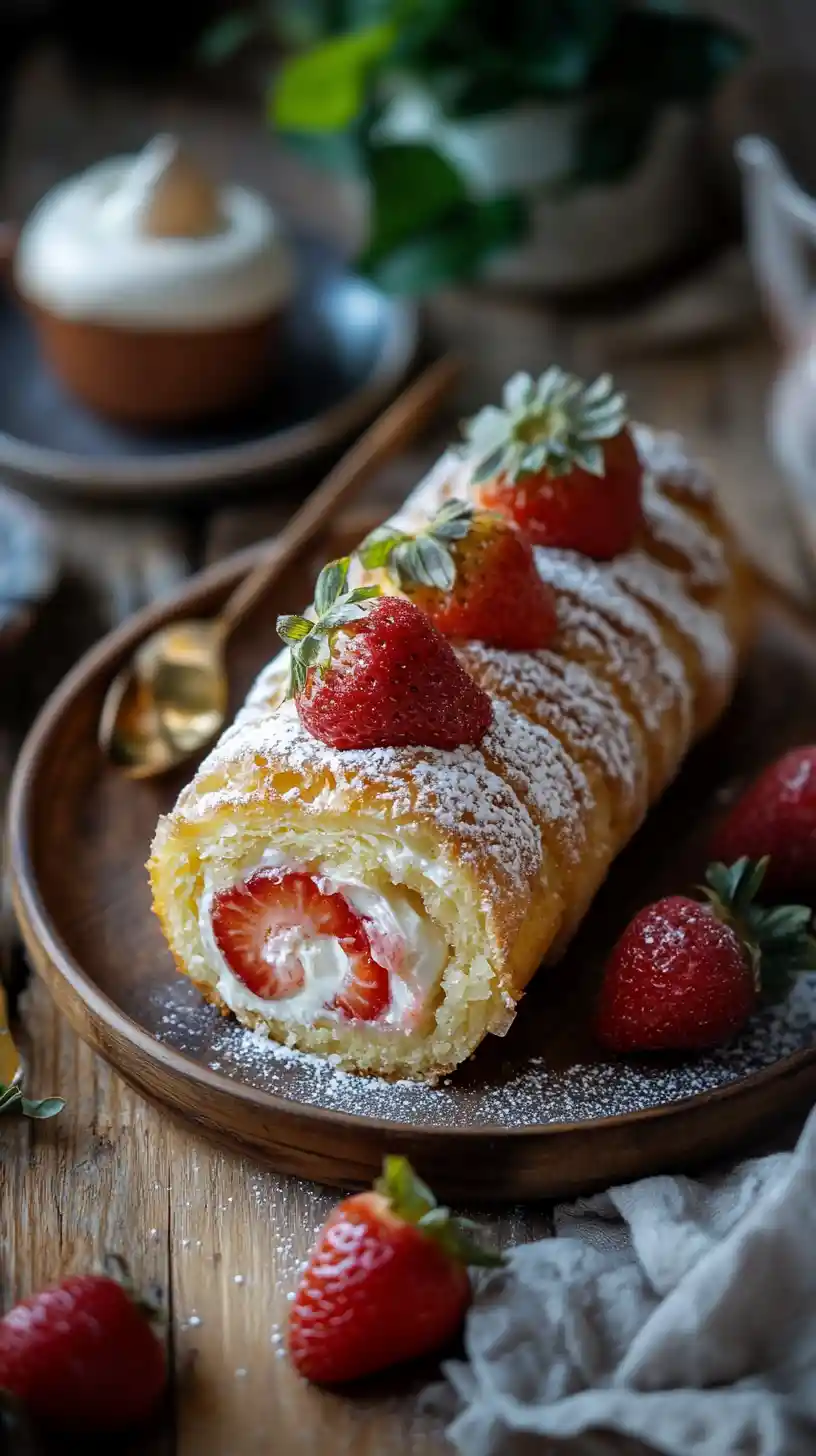 Strawberry cake roll with powdered sugar and happy ants