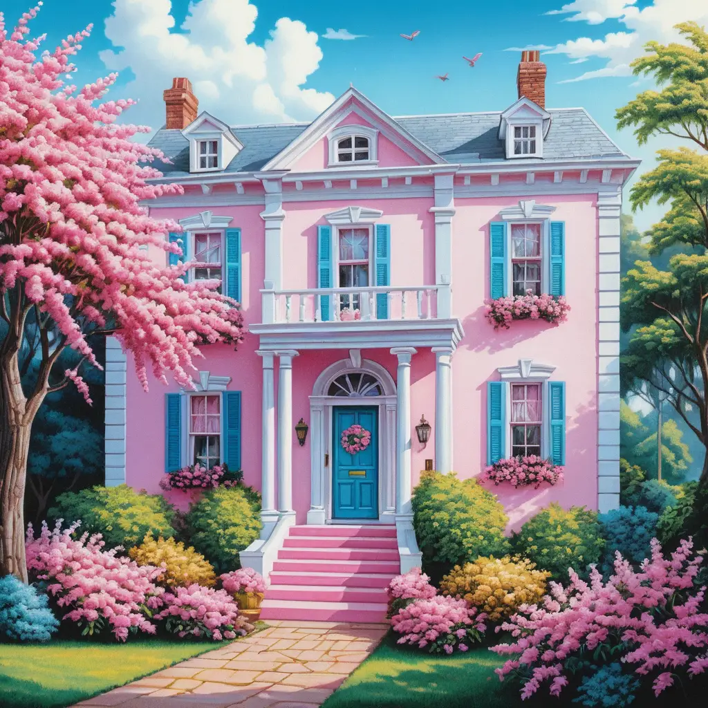 White vintage house with pink flowers in summer light