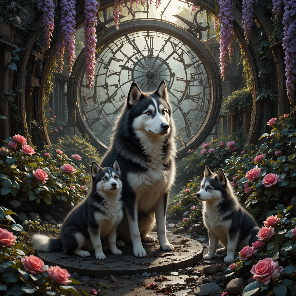 Melancholic Husky Family In A Decaying Clockwork Garden