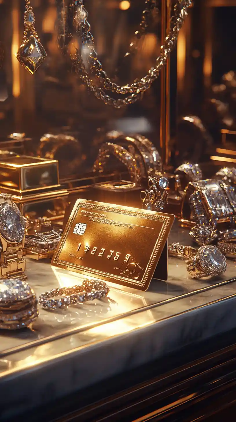 Golden credit card on marble counter in jewelry store
