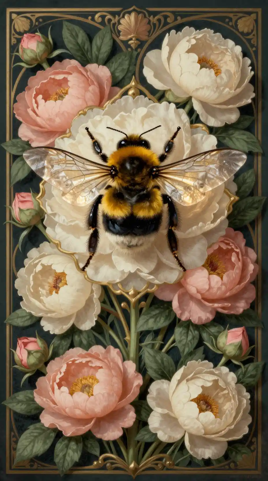 Vintage botanical illustration of a bumblebee with peony roses