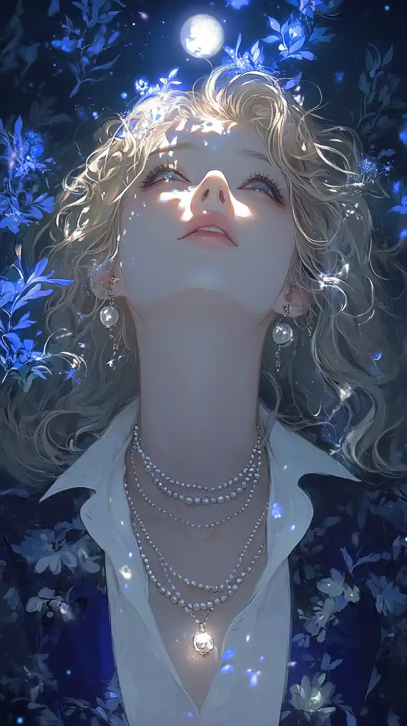 Anime woman in pearls under a glowing moonlit sky