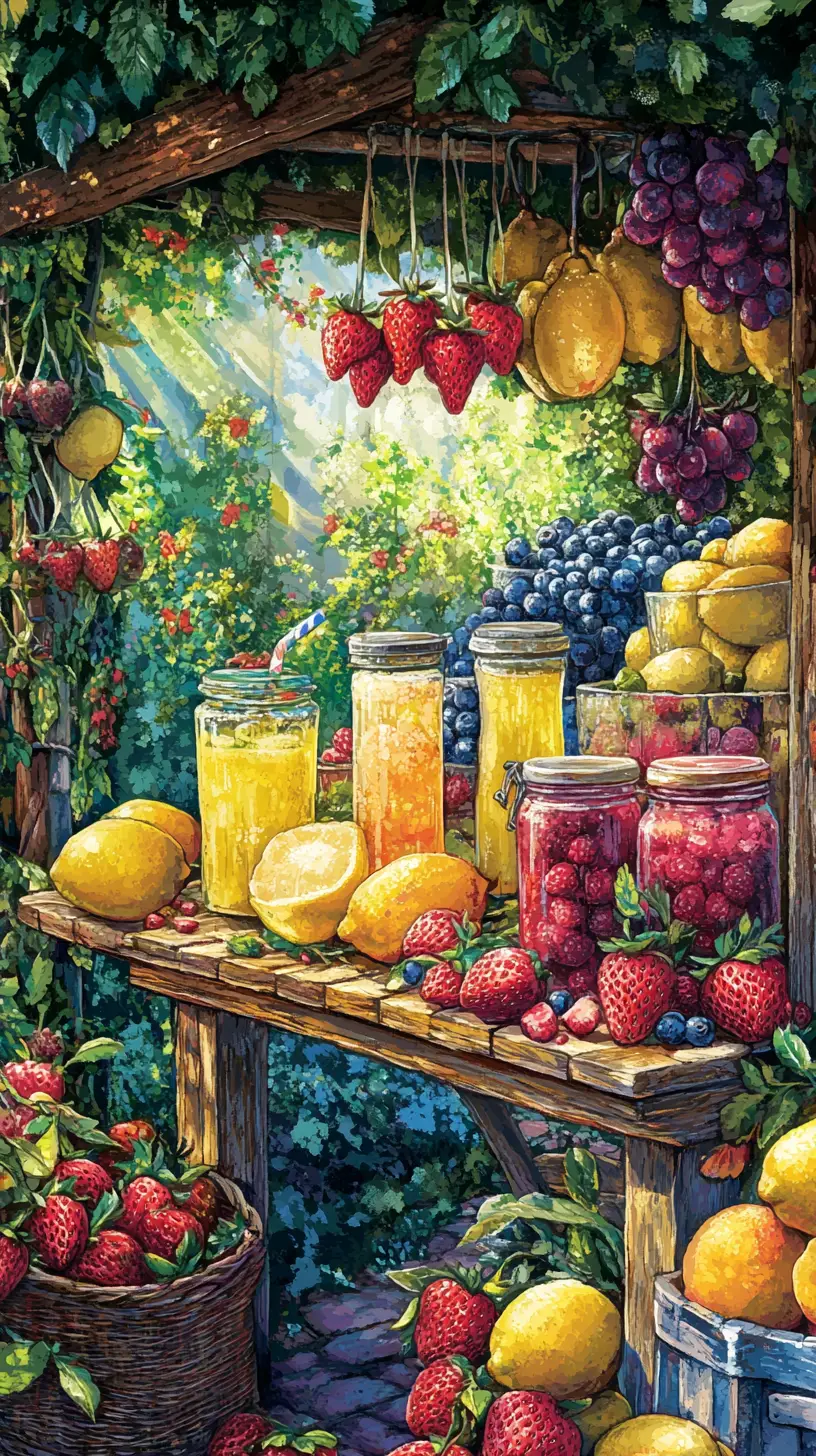 Colorful lemonade stand in a bright outdoor illustration