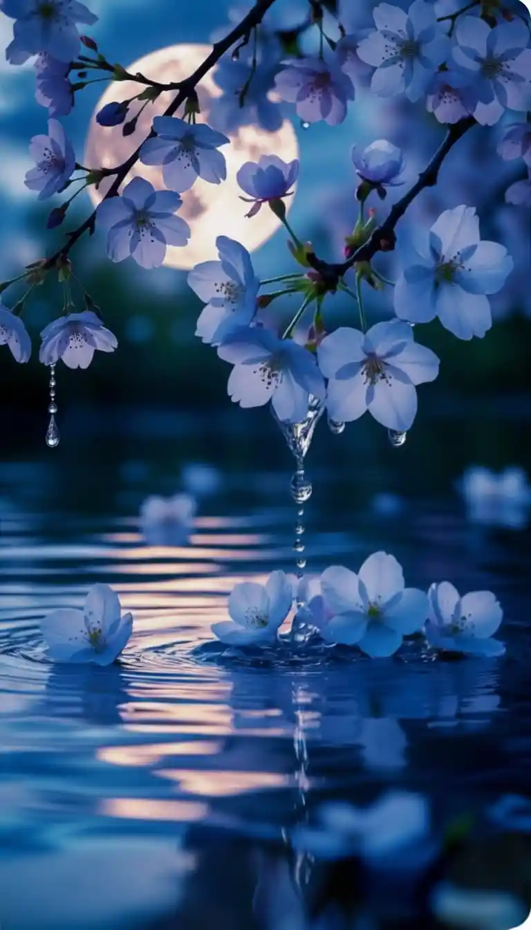 Moonlit lake with sakura branches and tranquil reflections