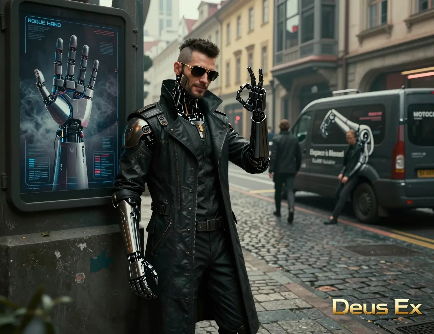 Augmented detective on a futuristic Prague city street