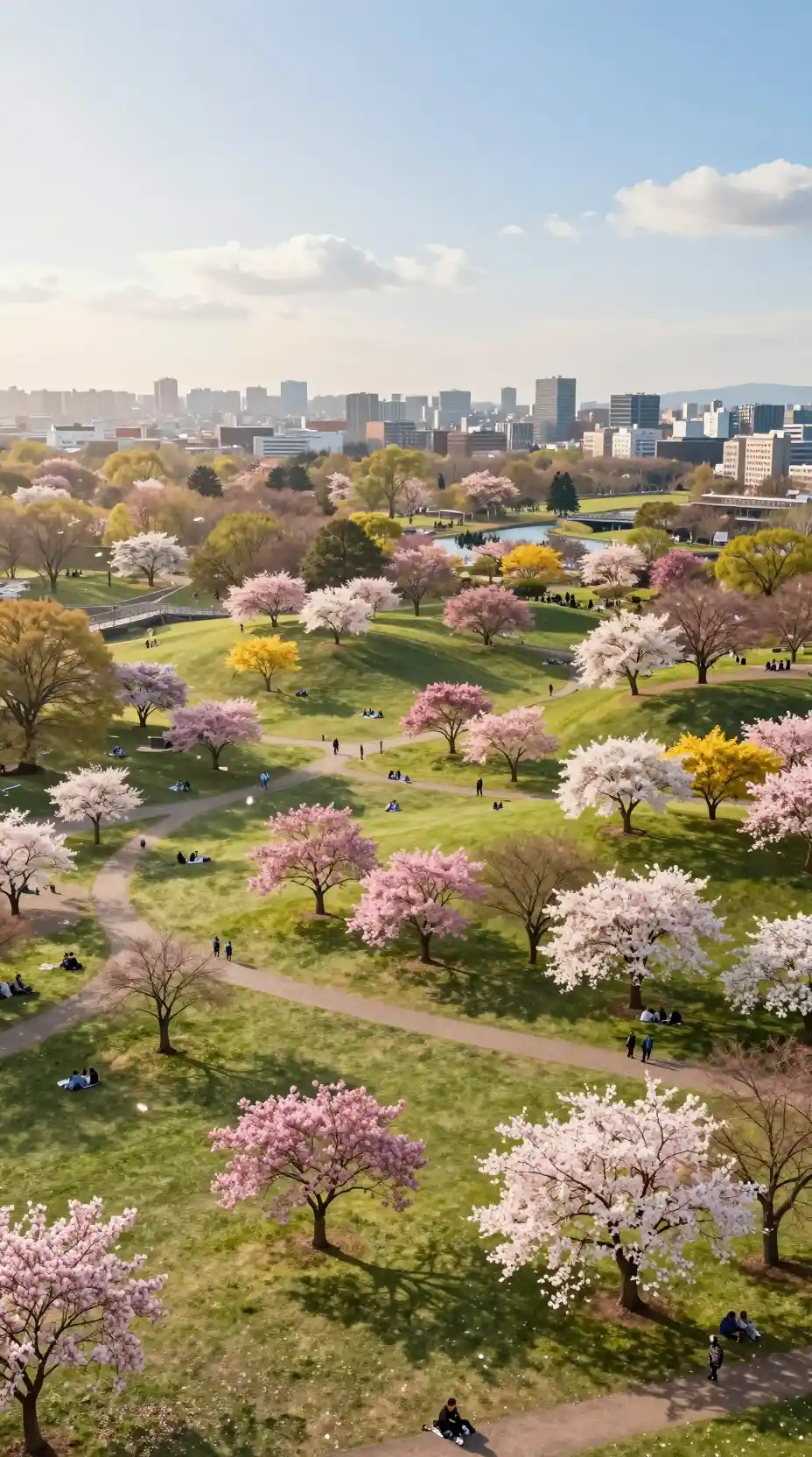 Sunlit panoramic view of a blooming spring city park
