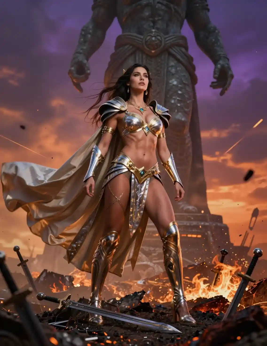 Regina guerriera in armatura celestiale su un campo di battaglia in fiamme