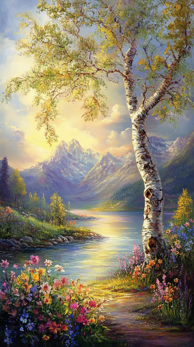 Spring riverside landscape with birch tree and distant mountains