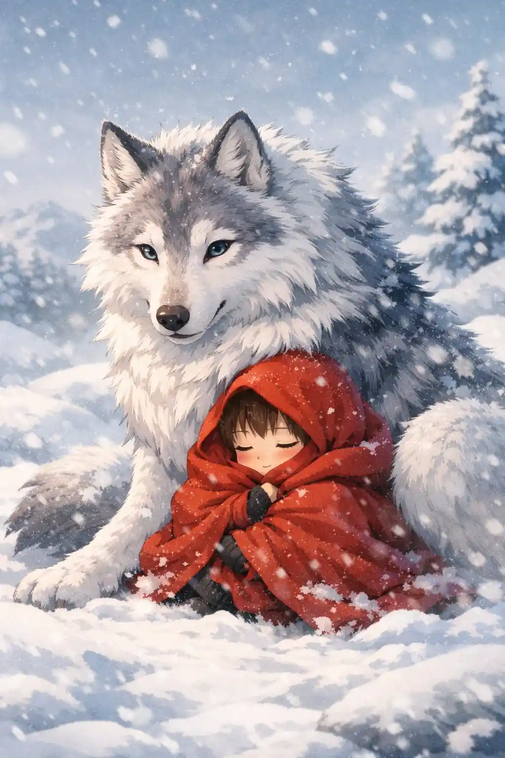 Anime wolf guarding a child in a snowy landscape