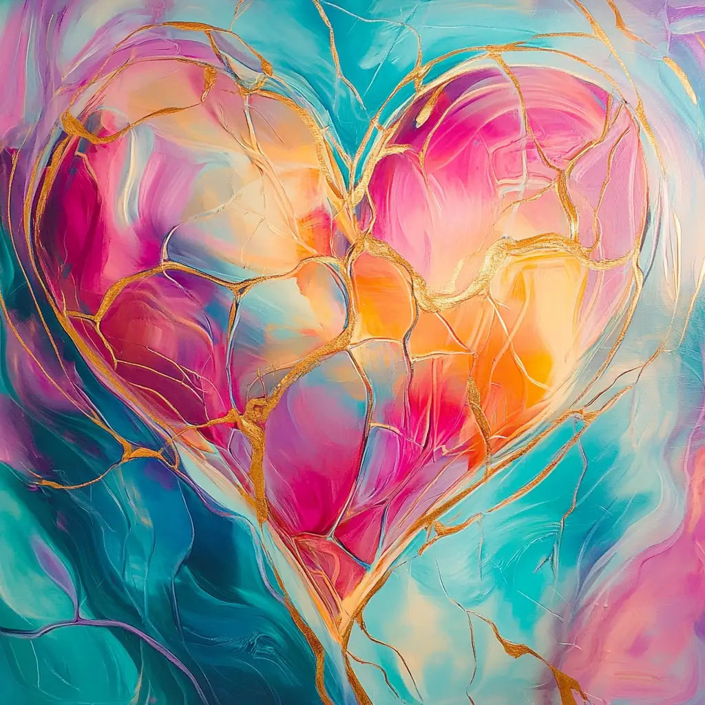 Abstract glowing heart of flowing colorful light and gold