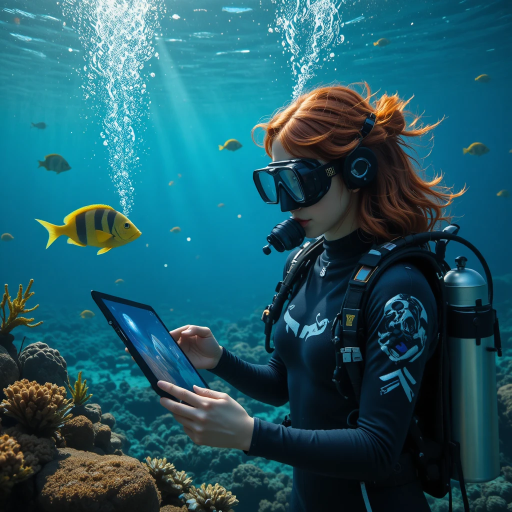 Junge Frau in Tauchausrüstung hält ein Tablet unter Wasser