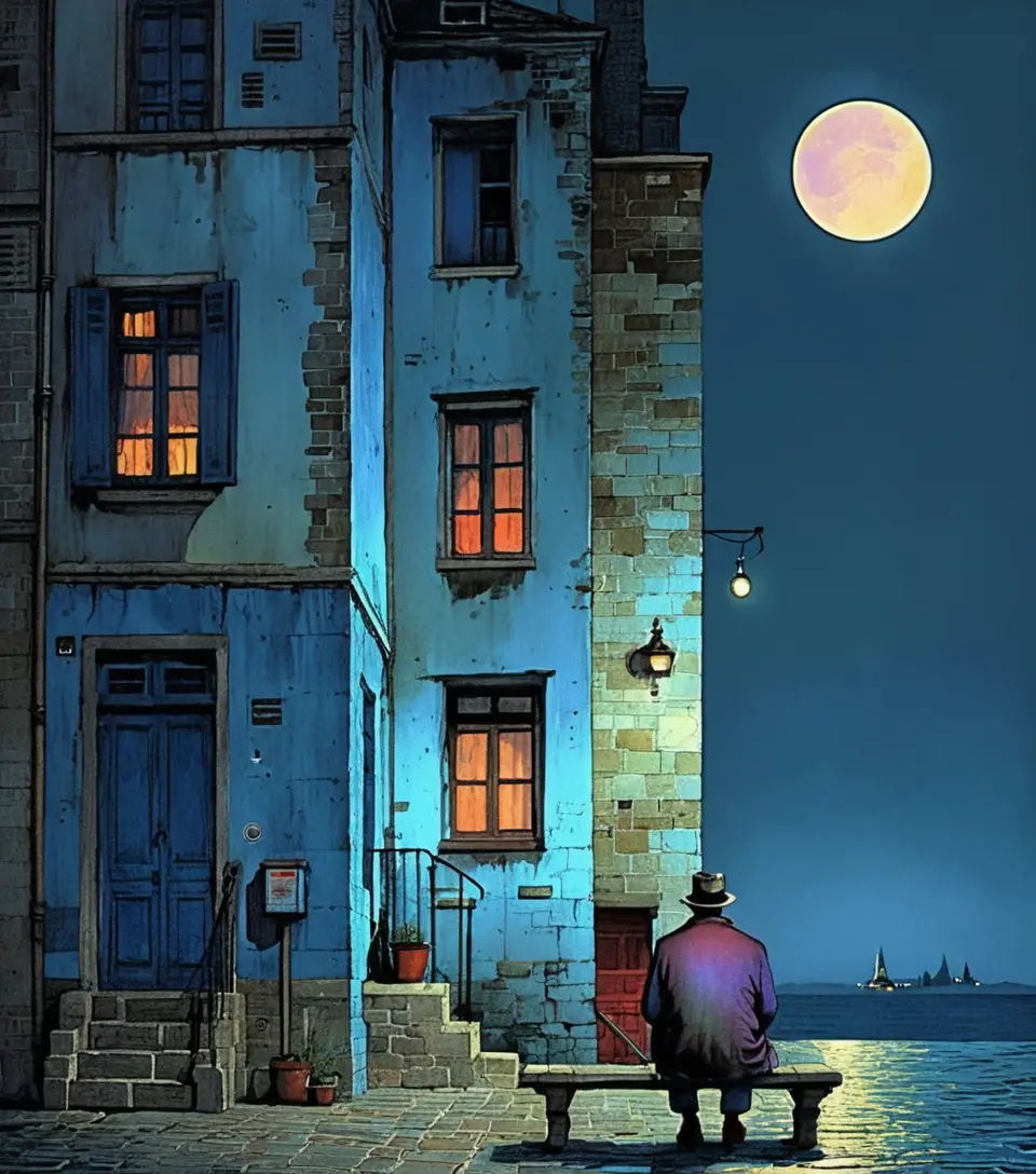 Surreal urban solitude by the water under a pearl moon