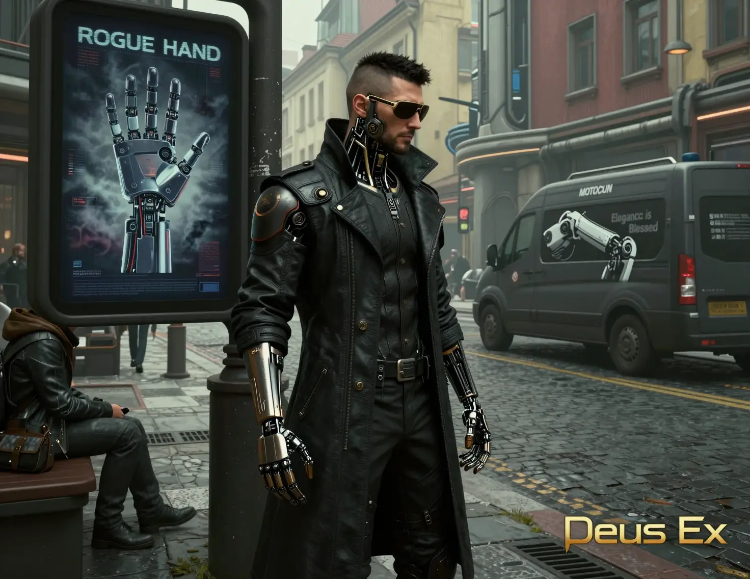 Augmented detective watching a cyberpunk Prague street corner