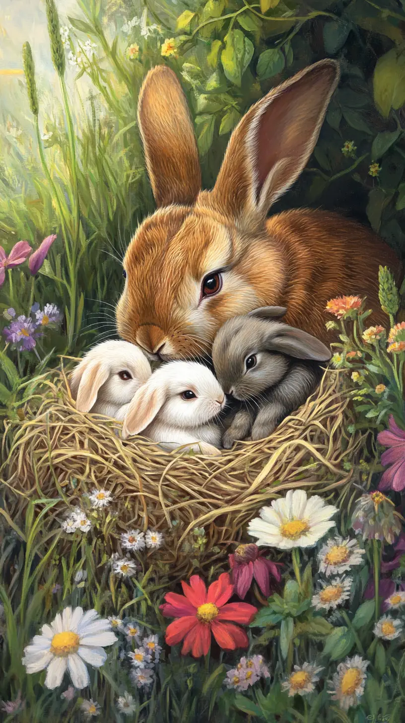Mother rabbit watching over baby bunnies in a meadow