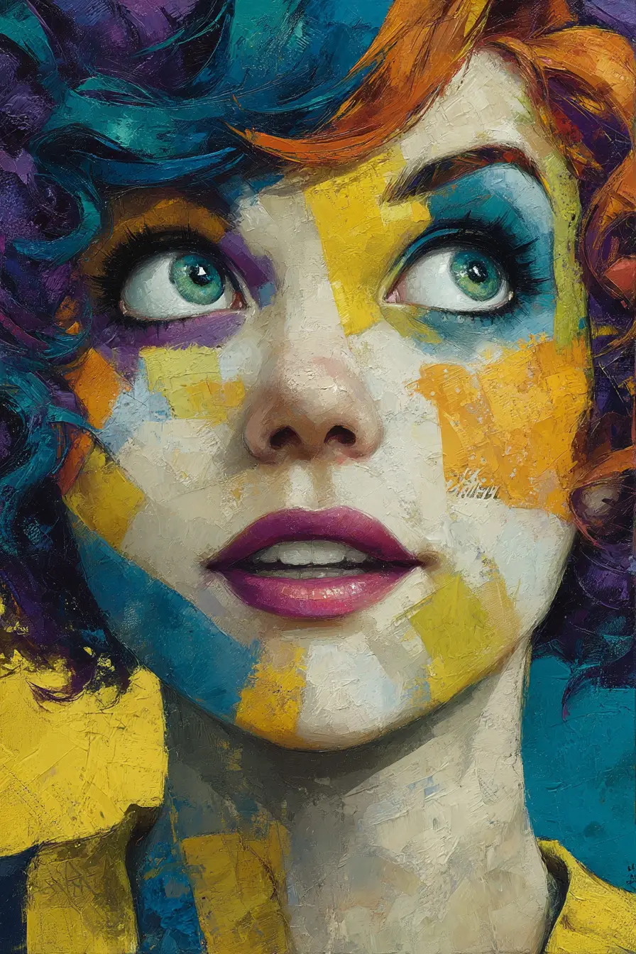 Surreal portrait of a happy woman in vibrant paint splashes