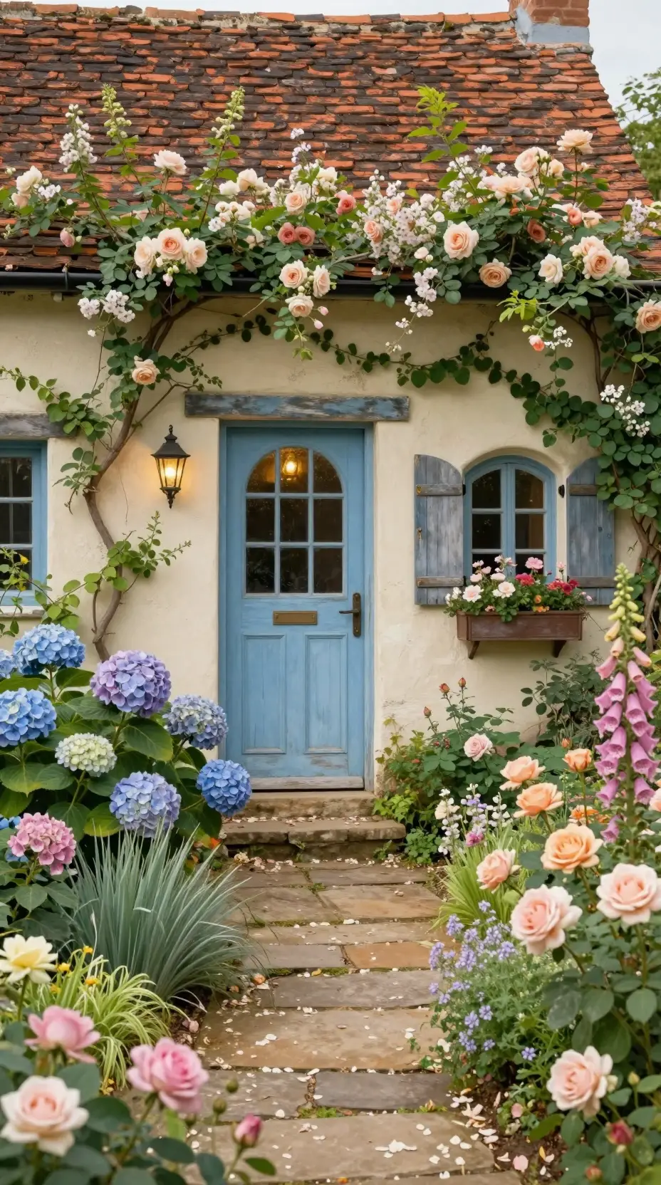 Enchanted cottage garden with flowers and ivy