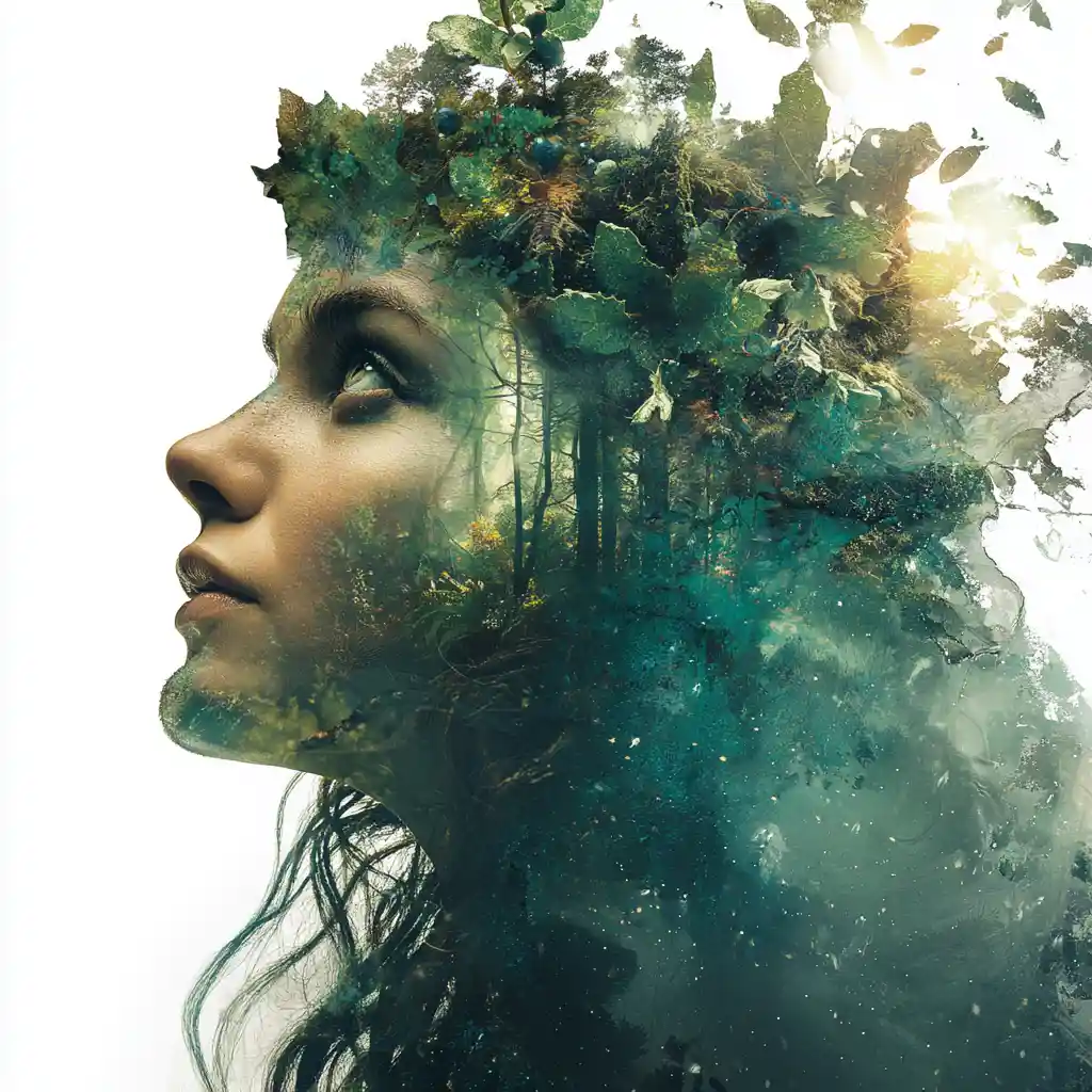 Surreal woman portrait with moss hair and glowing forest