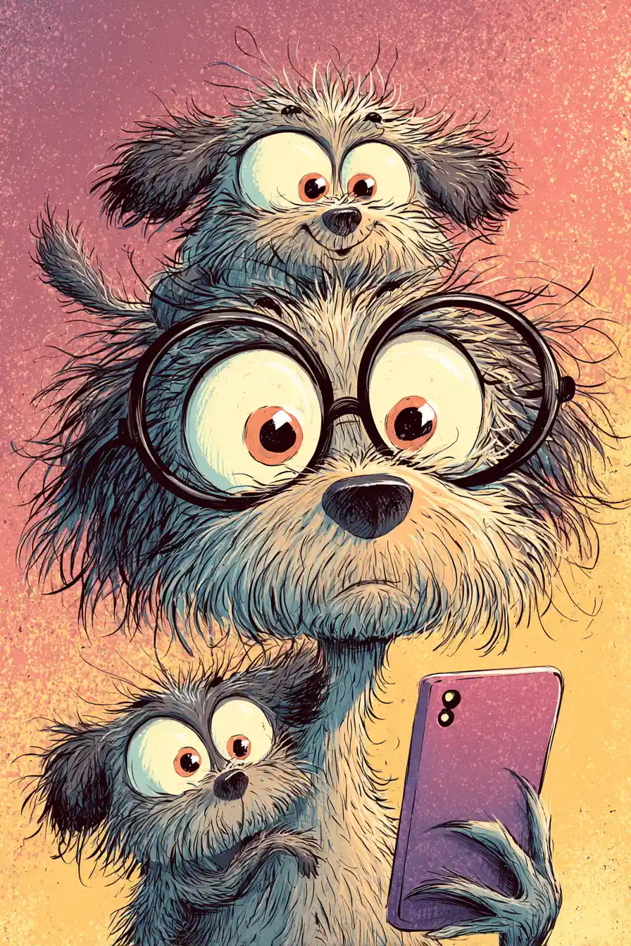 Cartoon dog mom taking a playful selfie with puppies